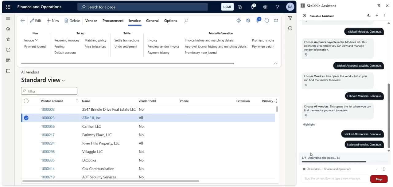 Dynamics 365 All vendors list with the Skalable Assistant panel open, guiding the user step by step to the vendor they want to review.