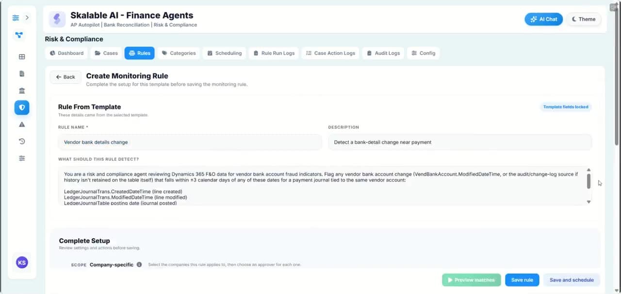 Risk & Compliance AI screen for creating a monitoring rule from a template: vendor bank details change near payment, with preview, save and schedule actions.