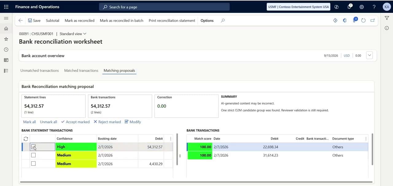 Dynamics 365 bank reconciliation worksheet showing a matching proposal: one statement line of 54,312.57 matched to two bank transactions of 22,698.34 and 31,614.23, correction 0.00, with Accept marked and Reject marked actions.