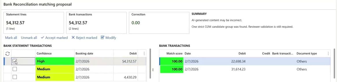 Dynamics 365 bank reconciliation worksheet with a proposed match: one statement line of 54,312.57 against two bank transactions of 22,698.34 and 31,614.23, rated High confidence