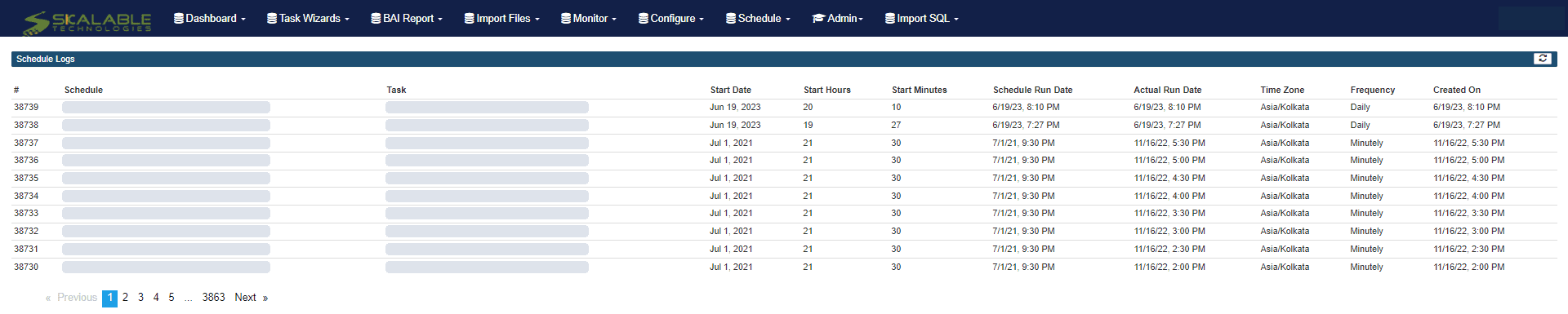 Matrix schedule log listing jobs with their schedule, start time, planned and actual run dates, time zone and frequency