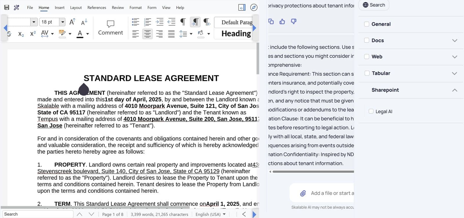 Skalable AI legal drafting screen with a lease agreement open in a Word-style editor and data sources including SharePoint