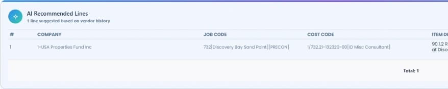 Stream screen showing an AI recommended invoice line with company, job code and cost code suggested from vendor history